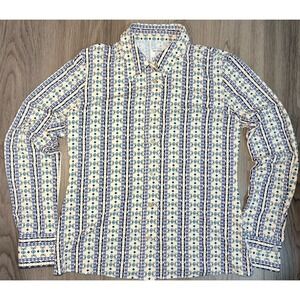 Caliban Skin Like Shirt Button Front Geo Blue Womens Size 44 US 6/8 Mod Designer